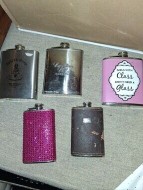 Set of 5 Decorative Hip Flasks - Pink Rhinestone & Novelty Pink